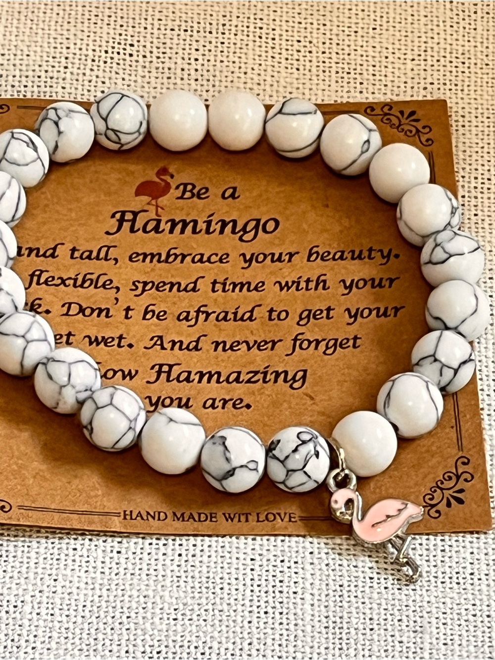 White Howlite Beaded Bracelet with Pink Flamingo Charm